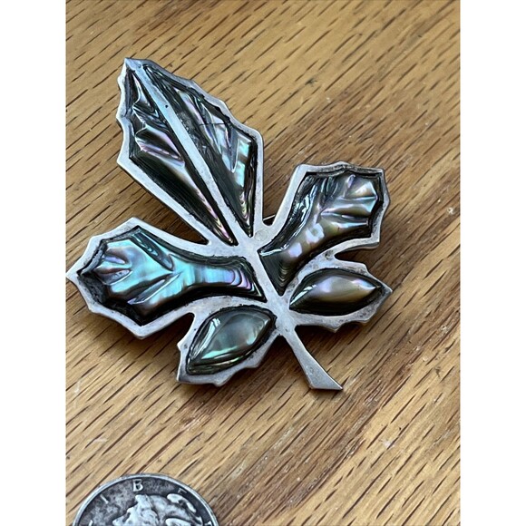 Taxco Mexico Vintage 925 Sterling Silver Abalone Unique Maple Leaf Brooch Brooch